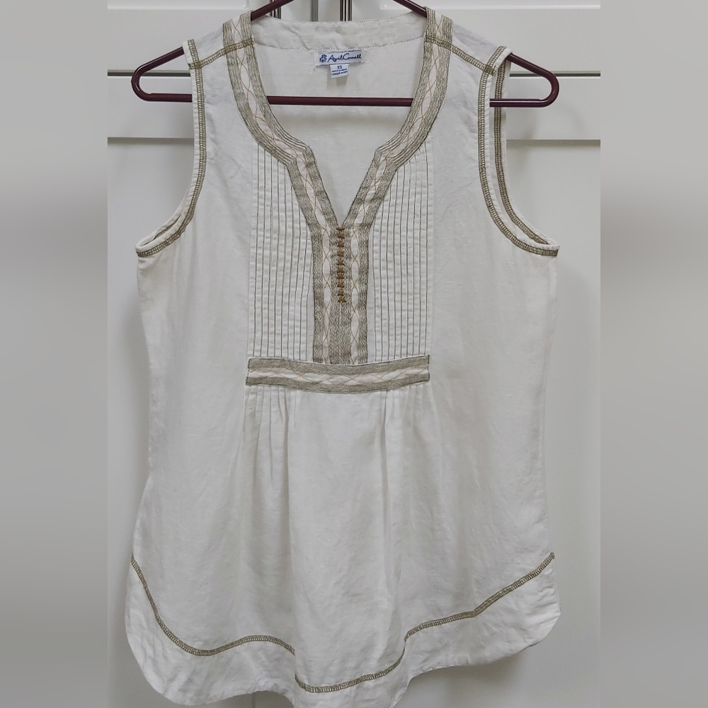 April Cornell White Tan Linen Top